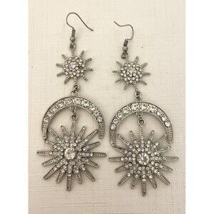 Sun Moon Stars Silver Large 3" Dangle Earrings Costume Jewelry Astrology Mystic